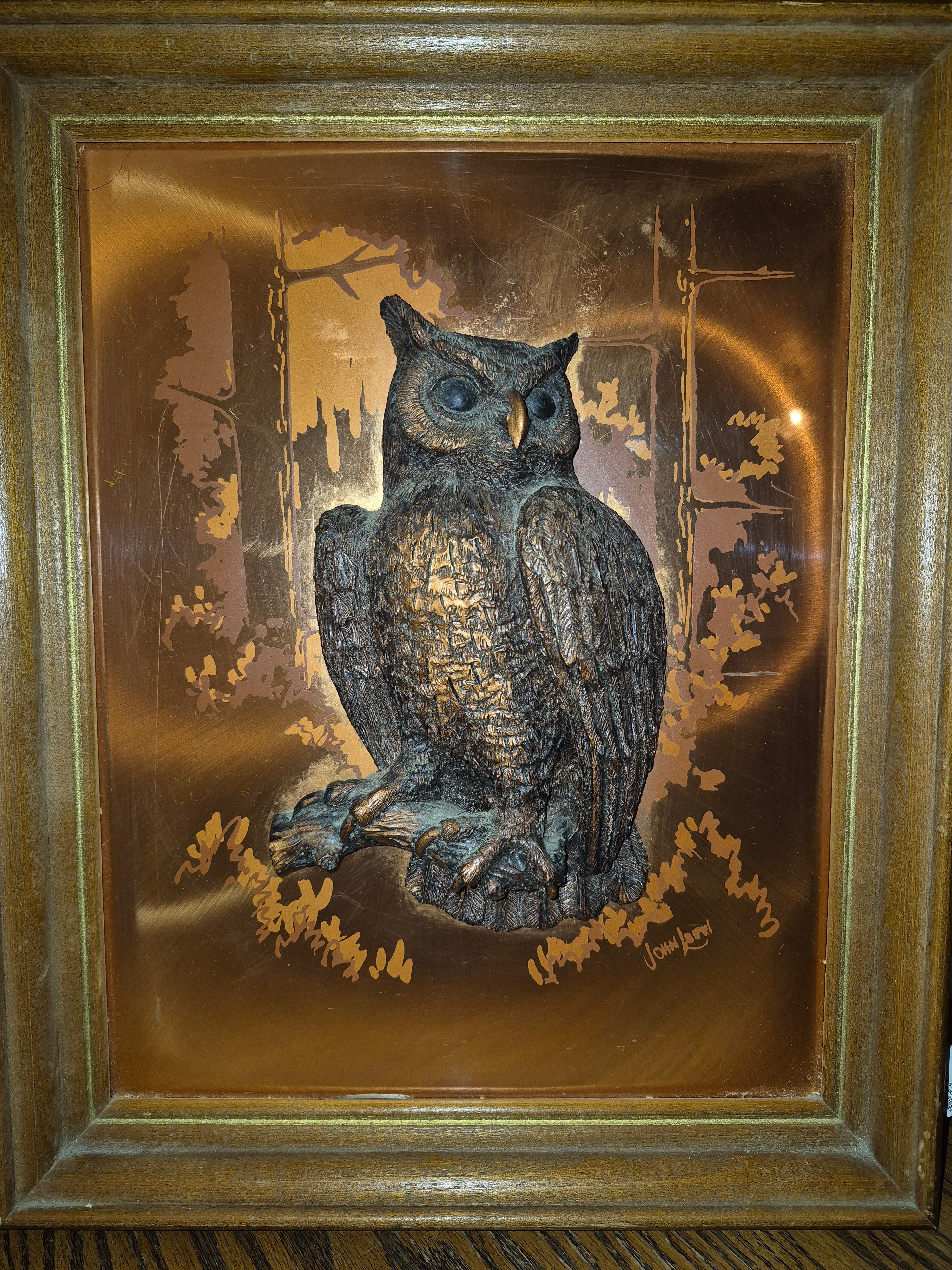 John Louw 3D raised owl, framed.